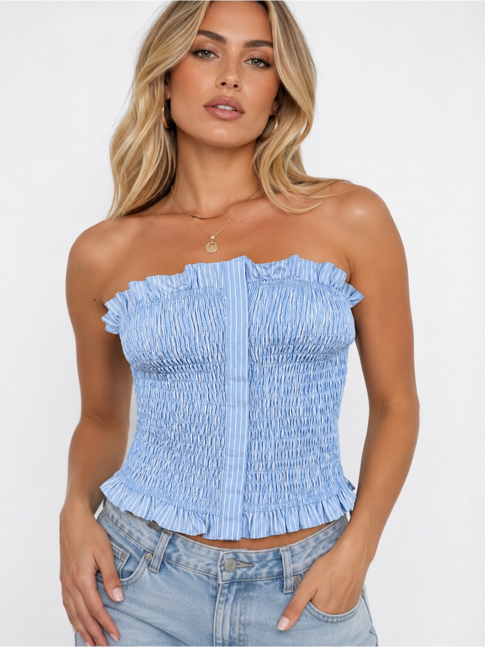 Blue Smocked Strapless Tube Crop Top | Ruffle Trim | Size Medium | NWT